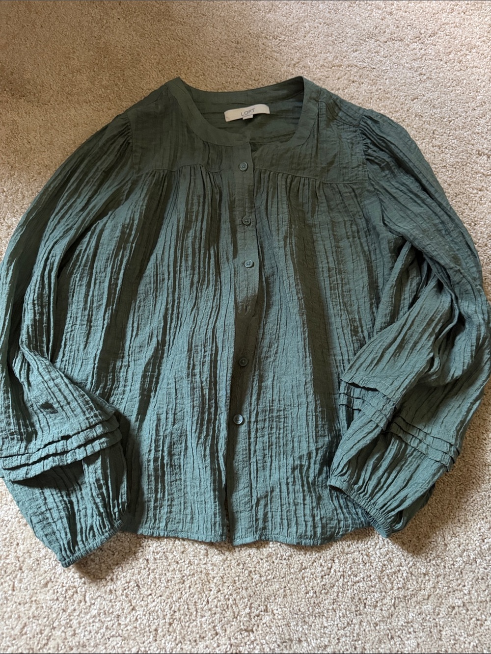 LOFT Dark Olive Crinkle Button-Front Blouse